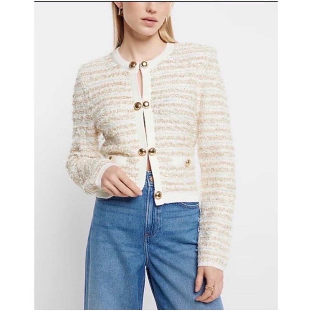 Express Womens M Lady Jacket Cream Goldβ Tweed Knit Cardigan Old Money Classic